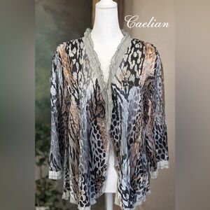 Caelian Sheer Open Front Cardigan | Abstract Print | 2X
